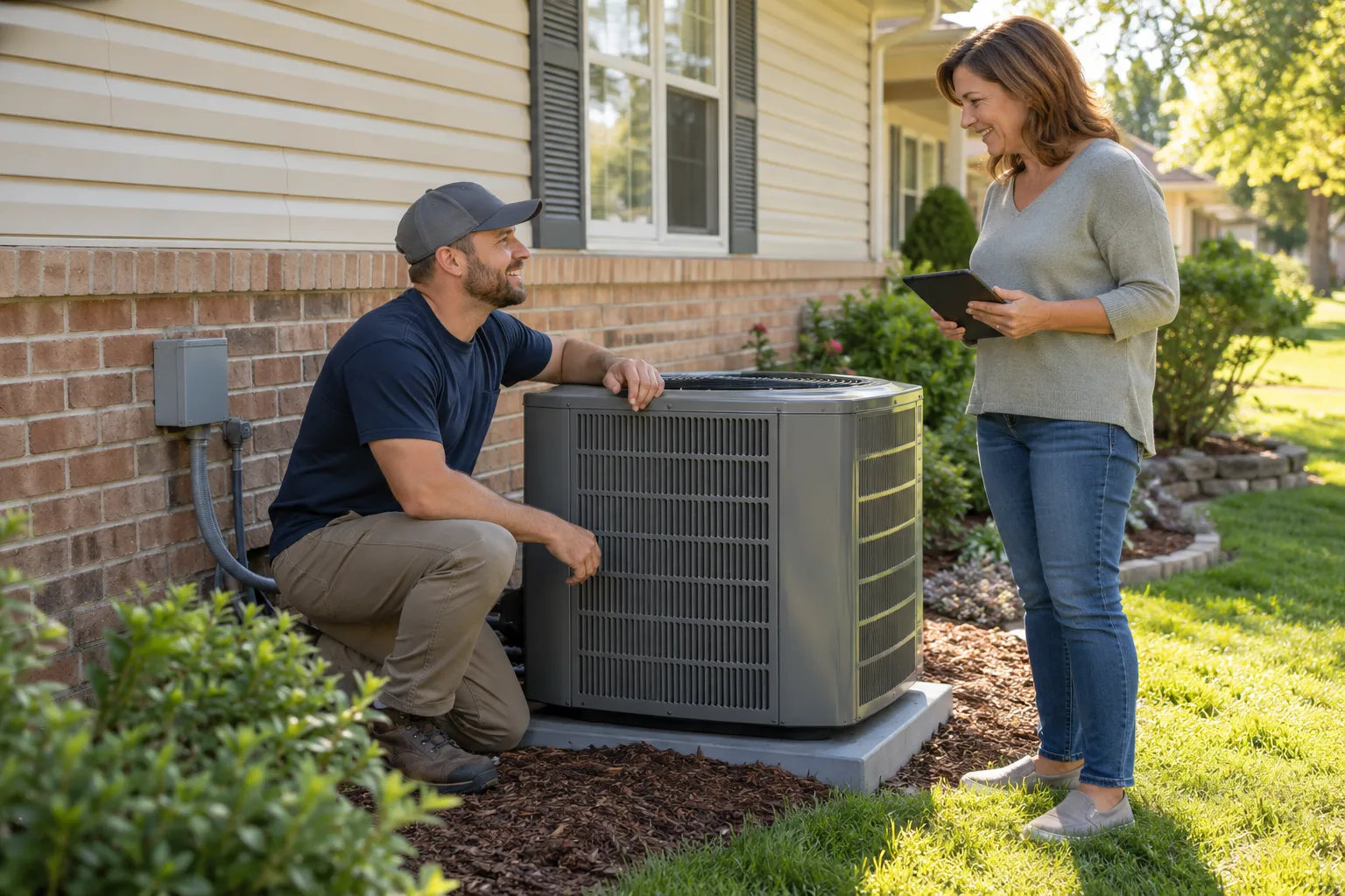 A friendly provider showing a homeowner a new outdoor AC unit beside a brick ranch home in the San Antonio area